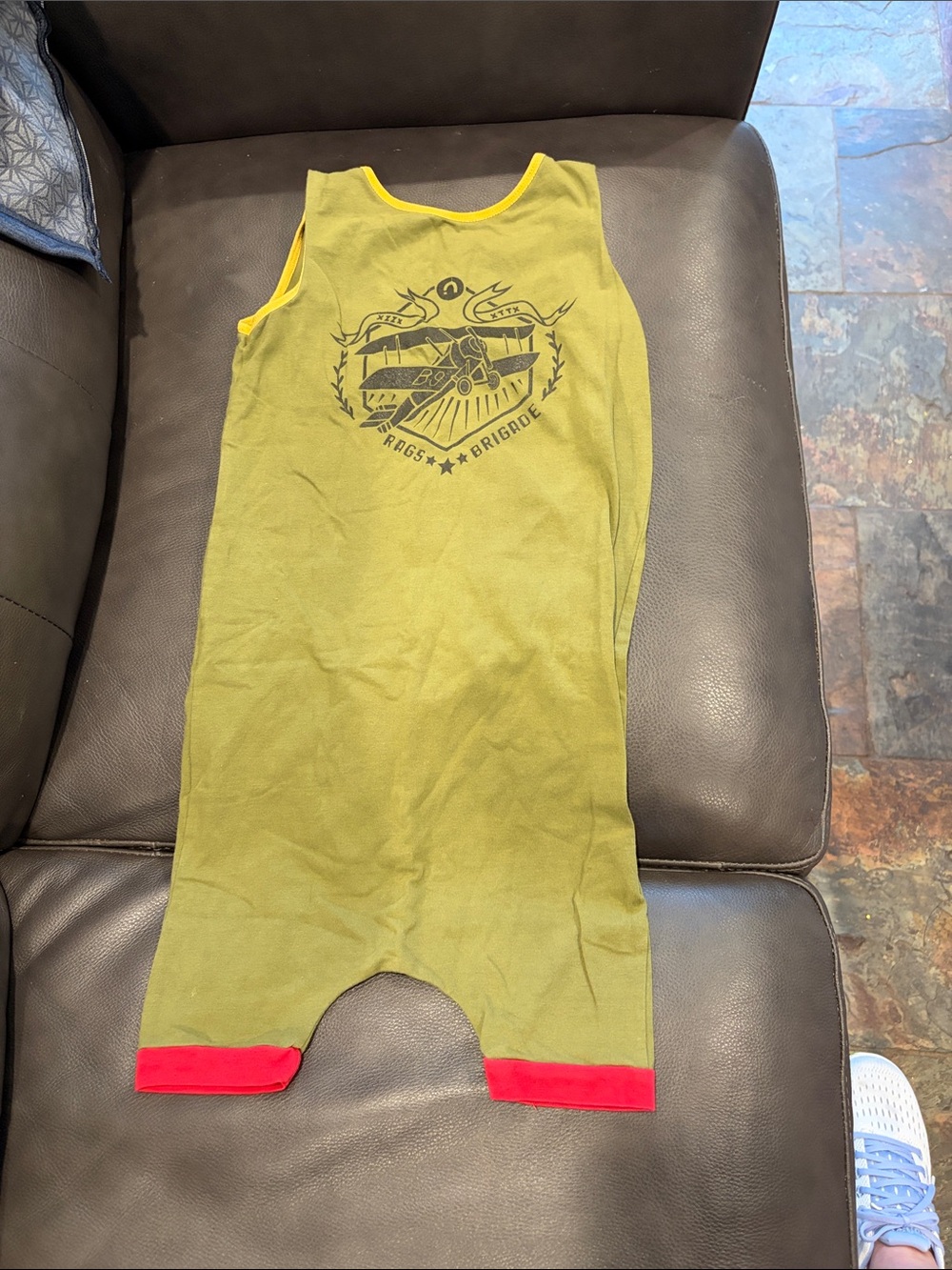 Rags to Raches Olive Green One-Piece with Red Trim